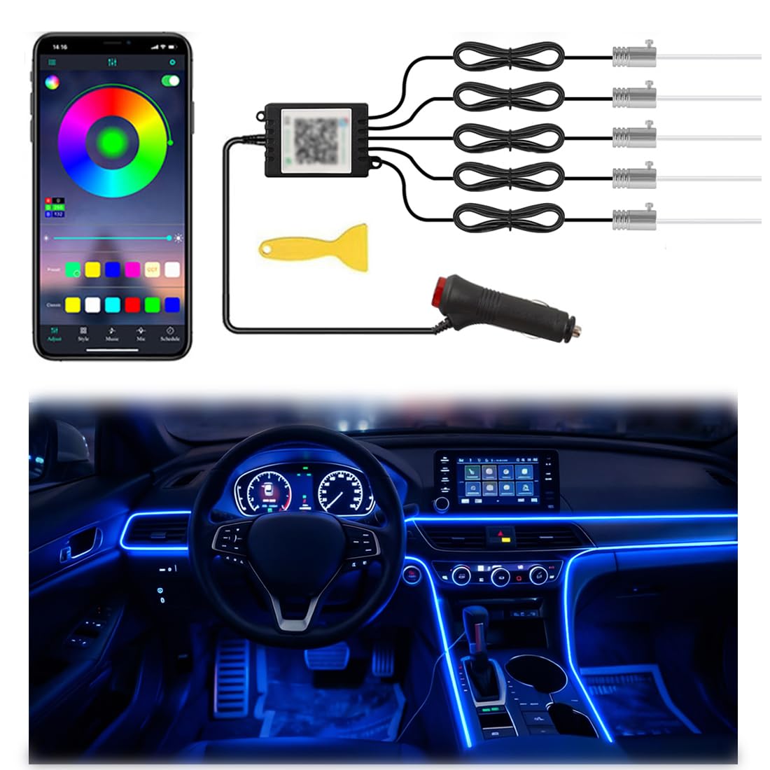 Interior Car LED Strip Lights APP Control, 5 in 1 RGB 16 Million Colors Ambient Lighting Kit with 236 inches Fiber Optic, Music Mode Inside Car Lighting Decorations