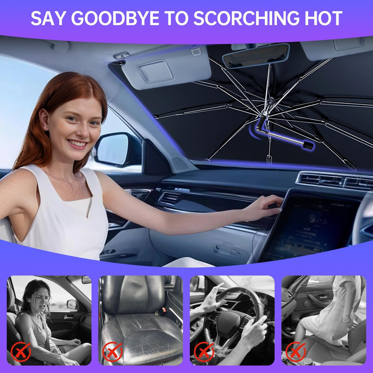 2026 Windshield Sun Shade Umbrella, Foldable Car Umbrella Sunshade with UV Block Car Front Window (Heat Insulation Protection) for Auto Windshield Covers Blackout Trucks Cars (Large)