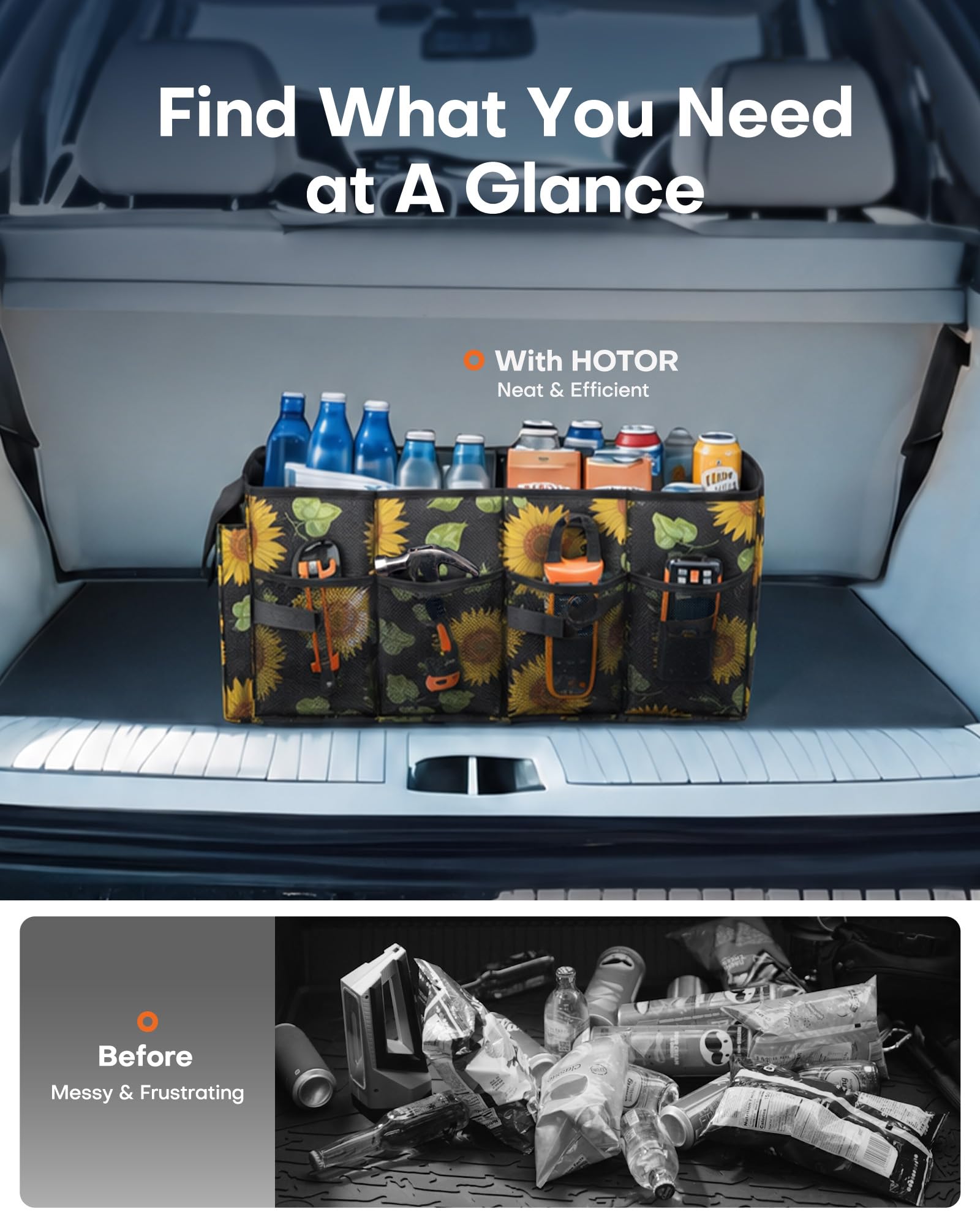 HOTOR Trunk Organizer - Car Organizer, Foldable Trunk organizer for SUVs & Sedans, Sturdy Car Organization for Car Accessories, Tools, Sundries, Black, 2 Compartments, 21.3"×12.6"×10.6"