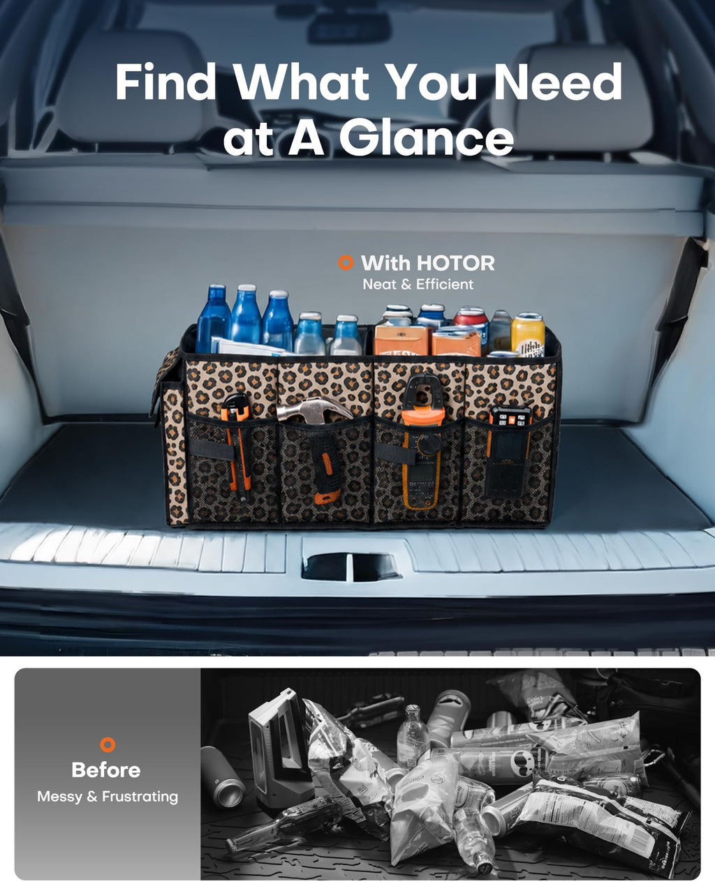 HOTOR Trunk Organizer - Car Organizer, Foldable Trunk organizer for SUVs & Sedans, Sturdy Car Organization for Car Accessories, Tools, Sundries, Black, 2 Compartments, 21.3"×12.6"×10.6"