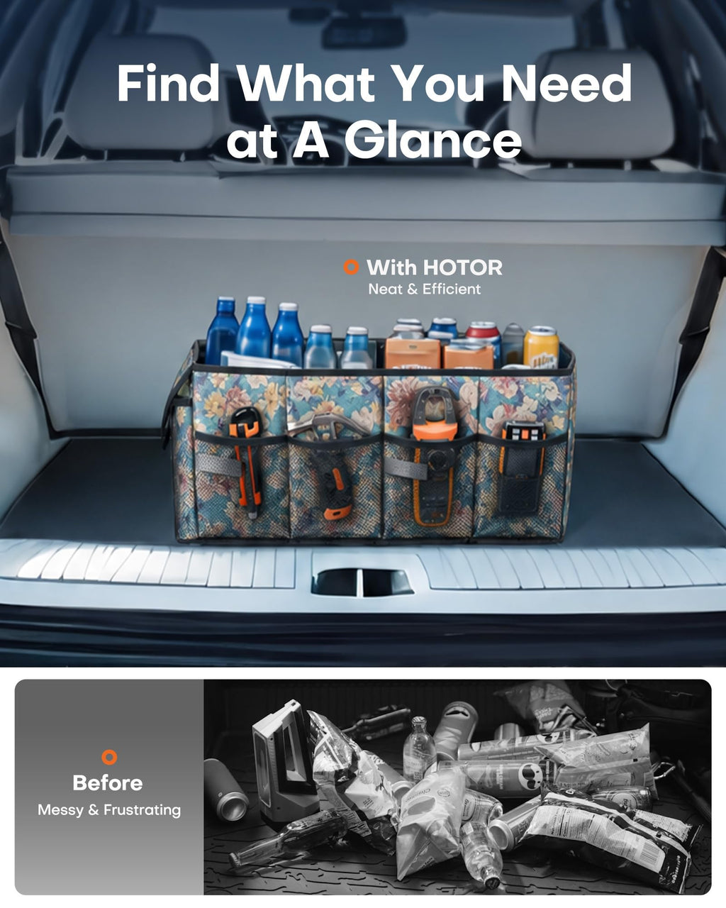 HOTOR Trunk Organizer - Car Organizer, Foldable Trunk organizer for SUVs & Sedans, Sturdy Car Organization for Car Accessories, Tools, Sundries, Black, 2 Compartments, 21.3"×12.6"×10.6"