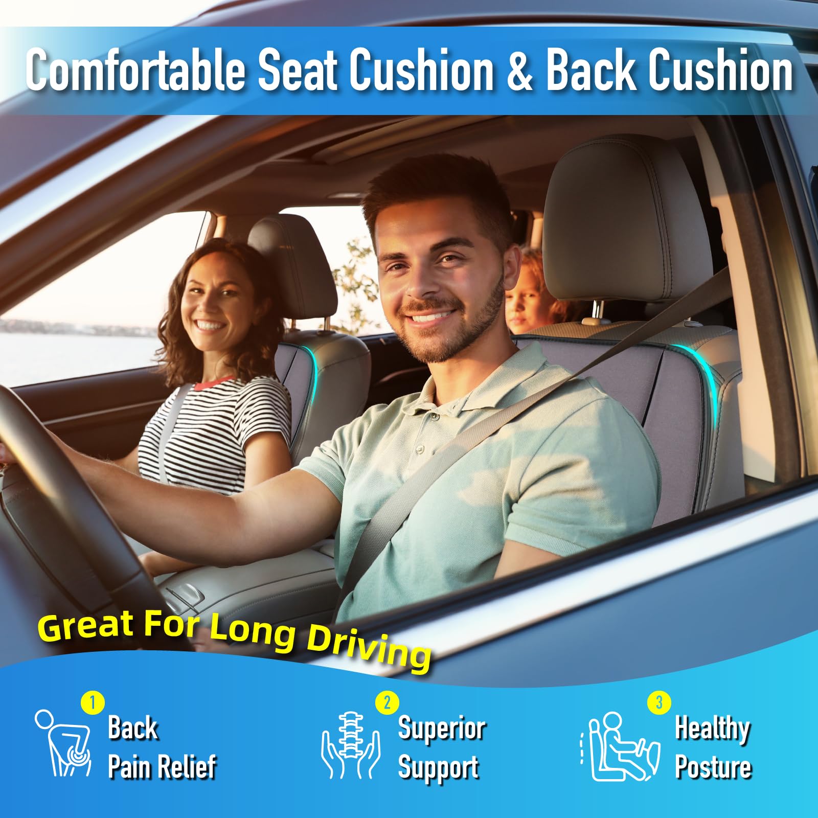 Lofty Aim Car Seat Cushion with Back Support Pillow, Comfy Lumbar Support & Seat Cushion, Memory Foam Driving Pillow for Back-Sciatica Pain Relief, Auto Pad Suitable for Car, Truck, SUV - Black