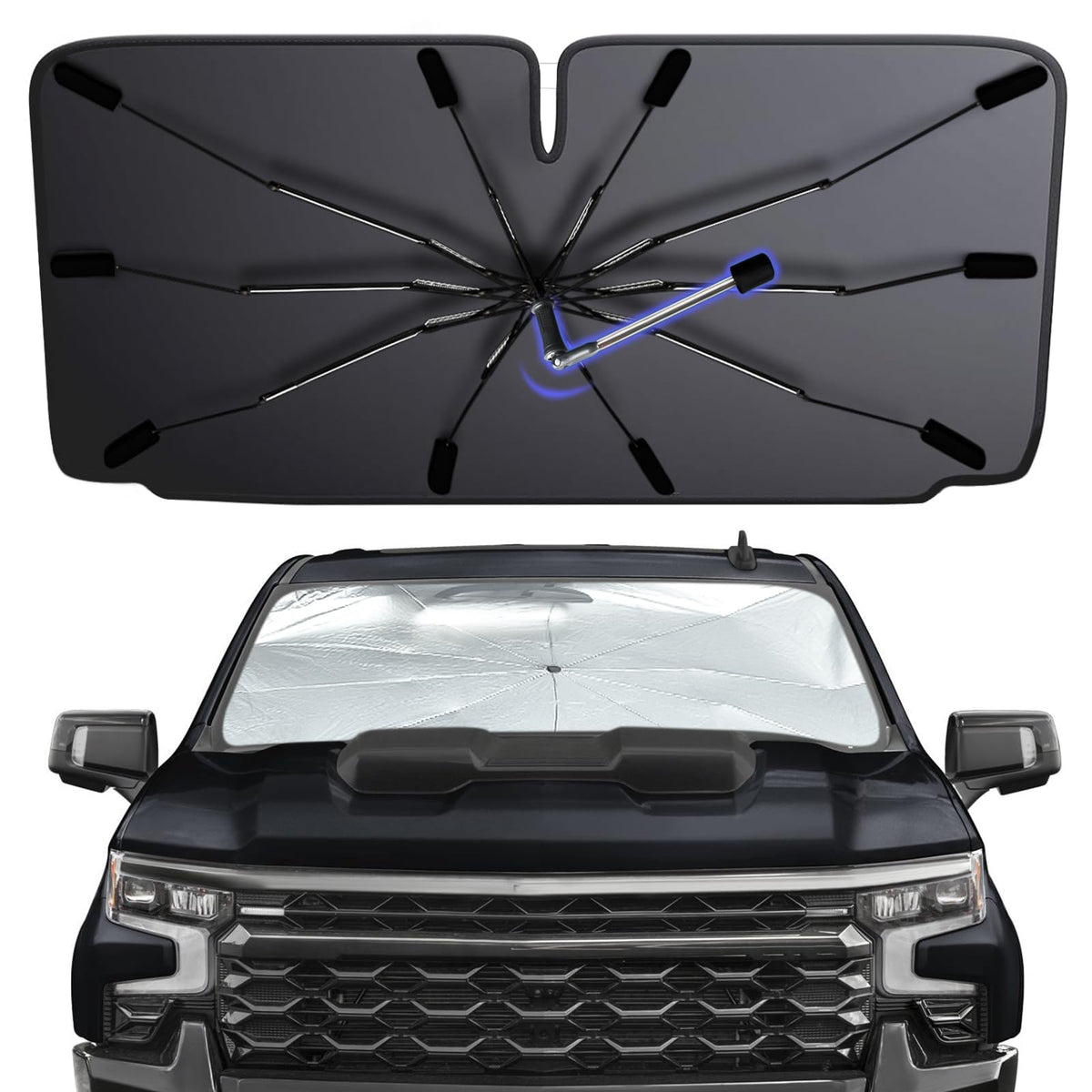 2026 Windshield Sun Shade Umbrella, Foldable Car Umbrella Sunshade with UV Block Car Front Window (Heat Insulation Protection) for Auto Windshield Covers Blackout Trucks Cars (Large)