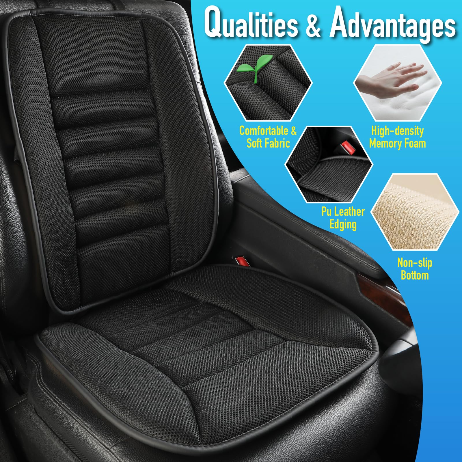 Lofty Aim Car Seat Cushion with Back Support Pillow, Comfy Lumbar Support & Seat Cushion, Memory Foam Driving Pillow for Back-Sciatica Pain Relief, Auto Pad Suitable for Car, Truck, SUV - Black