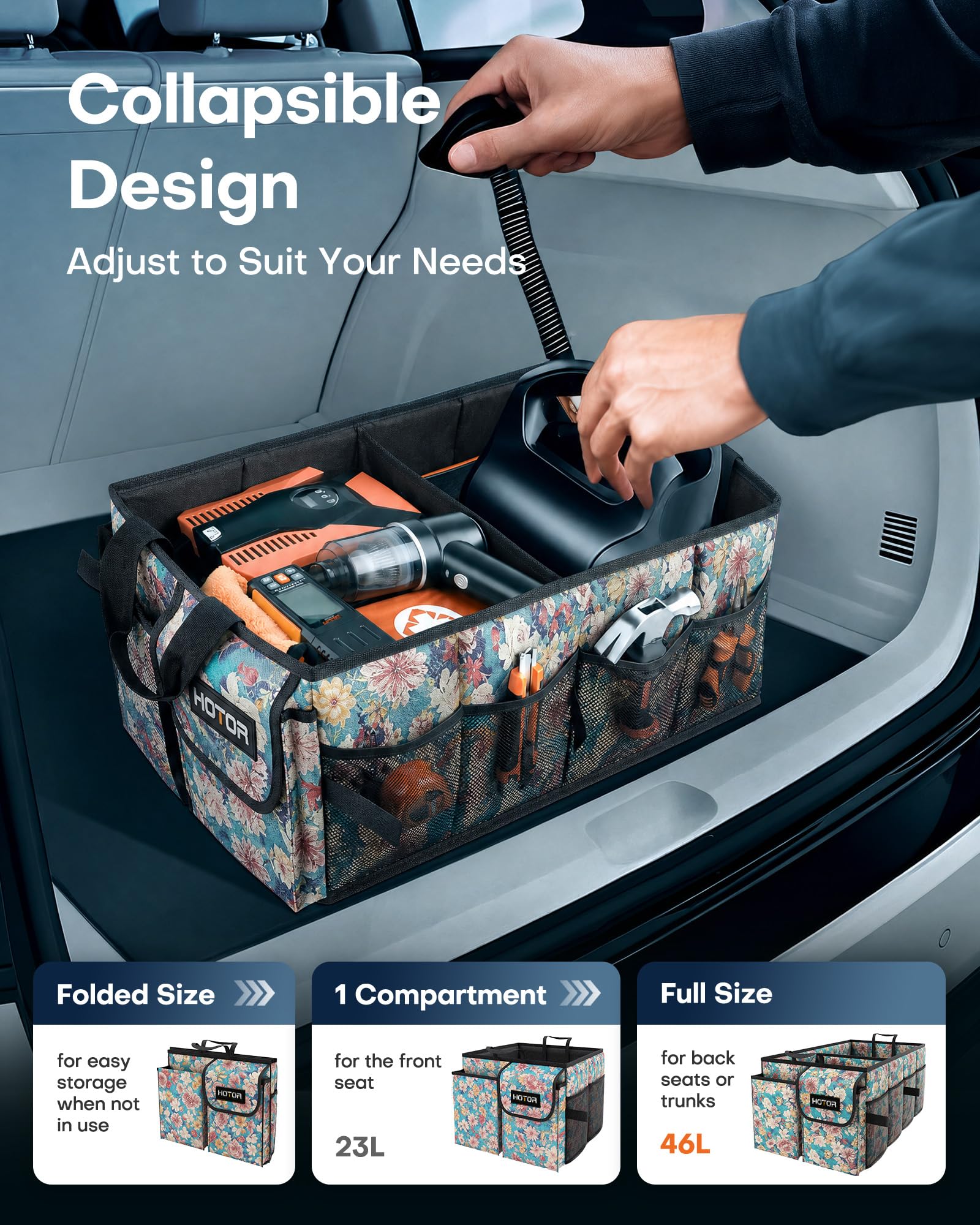 HOTOR Trunk Organizer - Car Organizer, Foldable Trunk organizer for SUVs & Sedans, Sturdy Car Organization for Car Accessories, Tools, Sundries, Black, 2 Compartments, 21.3"×12.6"×10.6"