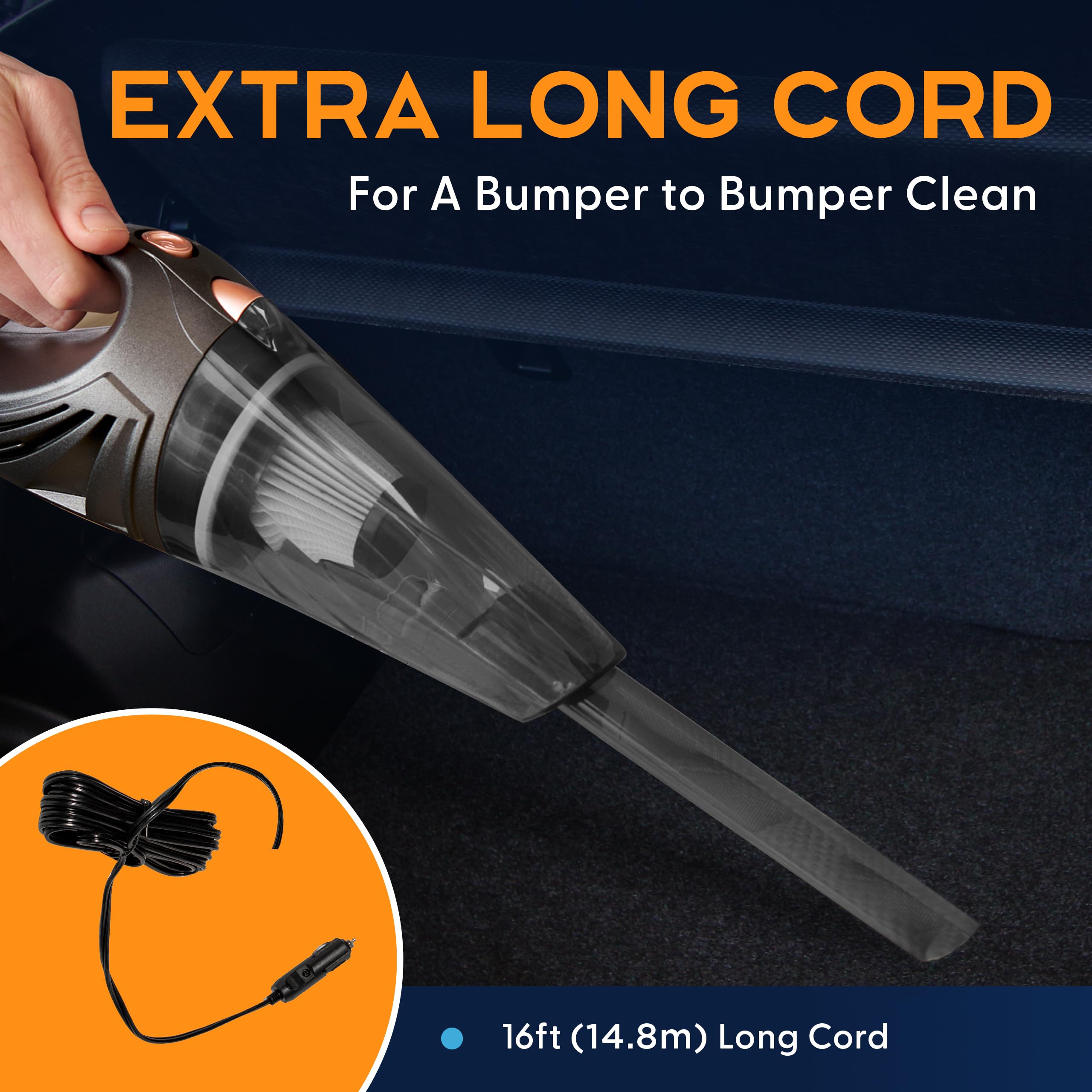 THISWORX Car Vacuum Cleaner - Portable, High Power, Handheld Vacuums w/ 3 Attachments, 16 Ft Cord & Bag - 12v, Auto Accessories Kit for Interior Detailing - Black