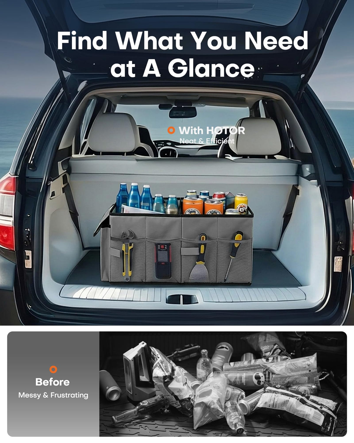 HOTOR Trunk Organizer - Car Organizer, Foldable Trunk organizer for SUVs & Sedans, Sturdy Car Organization for Car Accessories, Tools, Sundries, Black, 2 Compartments, 21.3"×12.6"×10.6"