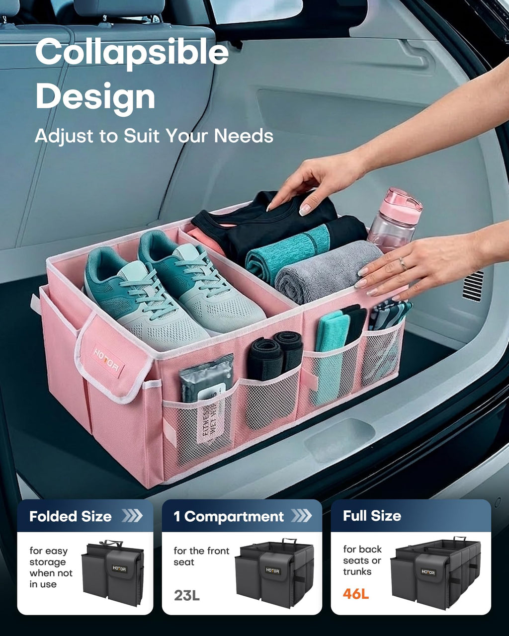 HOTOR Trunk Organizer - Car Organizer, Foldable Trunk organizer for SUVs & Sedans, Sturdy Car Organization for Car Accessories, Tools, Sundries, Black, 2 Compartments, 21.3"×12.6"×10.6"