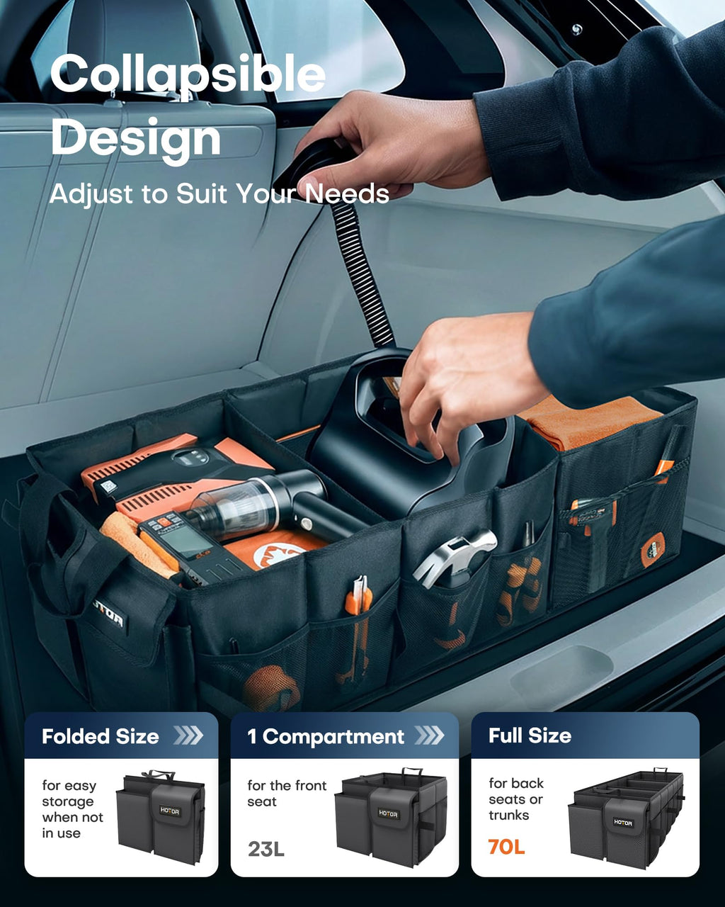 HOTOR Trunk Organizer - Car Organizer, Foldable Trunk organizer for SUVs & Sedans, Sturdy Car Organization for Car Accessories, Tools, Sundries, Black, 2 Compartments, 21.3"×12.6"×10.6"