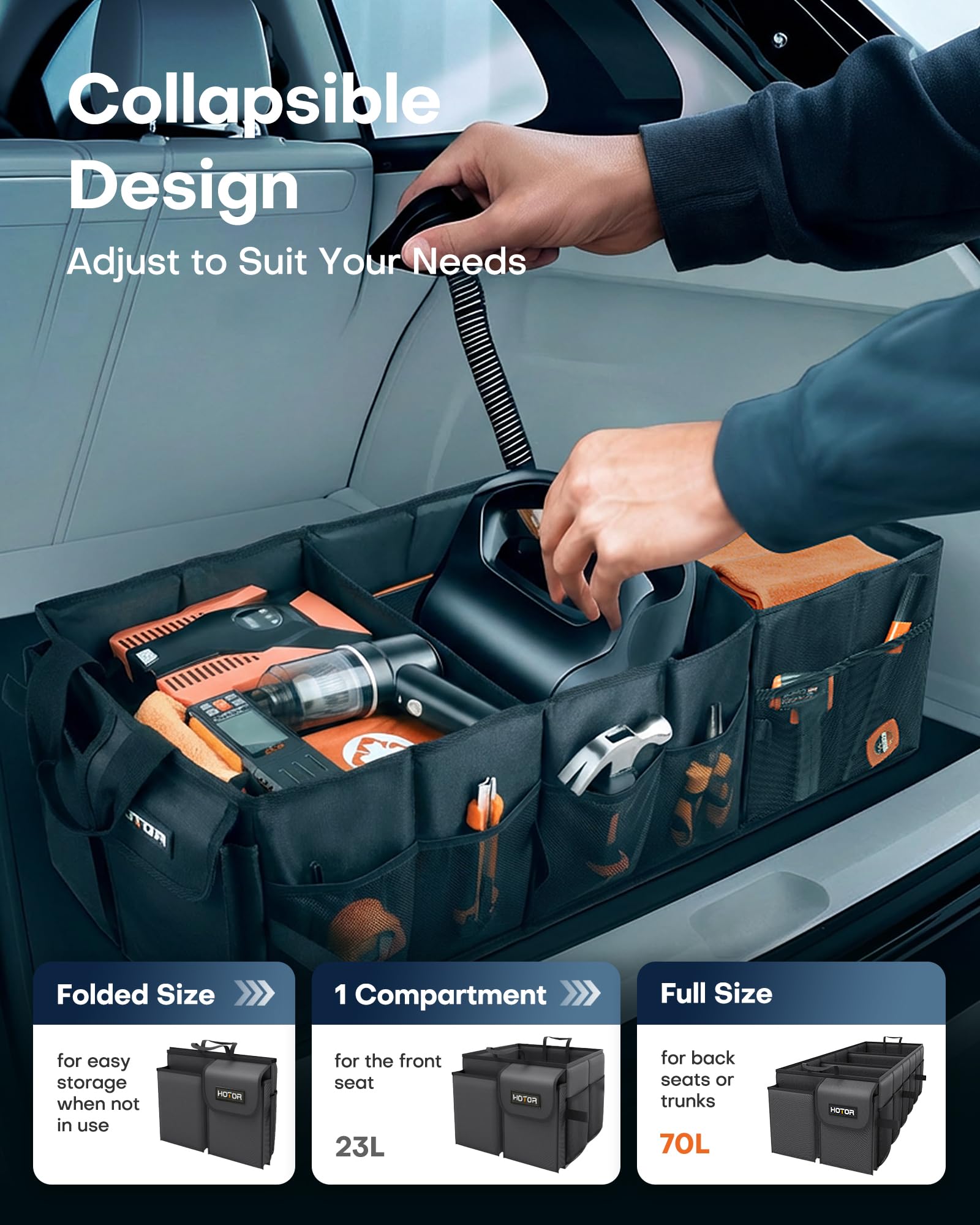 HOTOR Trunk Organizer - Car Organizer, Foldable Trunk organizer for SUVs & Sedans, Sturdy Car Organization for Car Accessories, Tools, Sundries, Black, 2 Compartments, 21.3"×12.6"×10.6"