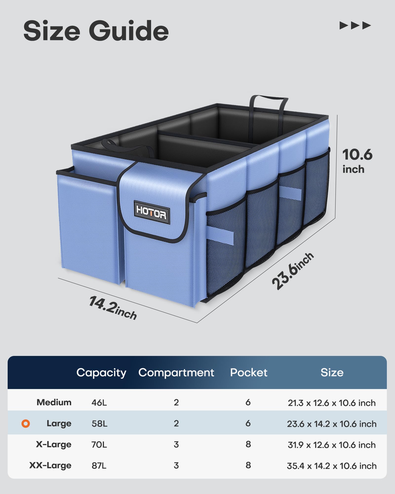 HOTOR Trunk Organizer - Car Organizer, Foldable Trunk organizer for SUVs & Sedans, Sturdy Car Organization for Car Accessories, Tools, Sundries, Black, 2 Compartments, 21.3"×12.6"×10.6"
