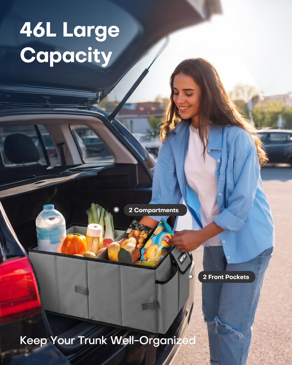 HOTOR Trunk Organizer - Car Organizer, Foldable Trunk organizer for SUVs & Sedans, Sturdy Car Organization for Car Accessories, Tools, Sundries, Black, 2 Compartments, 21.3"×12.6"×10.6"