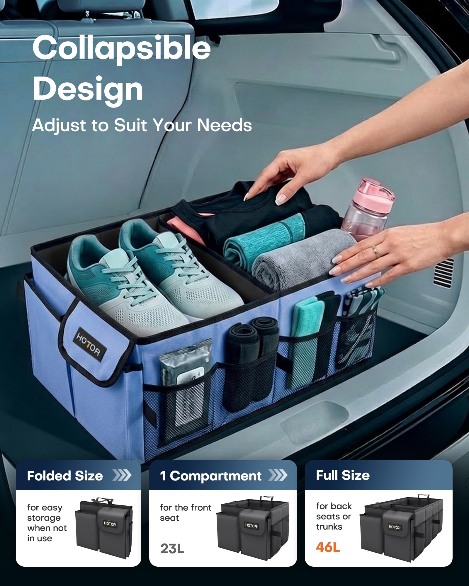HOTOR Trunk Organizer - Car Organizer, Foldable Trunk organizer for SUVs & Sedans, Sturdy Car Organization for Car Accessories, Tools, Sundries, Black, 2 Compartments, 21.3"×12.6"×10.6"