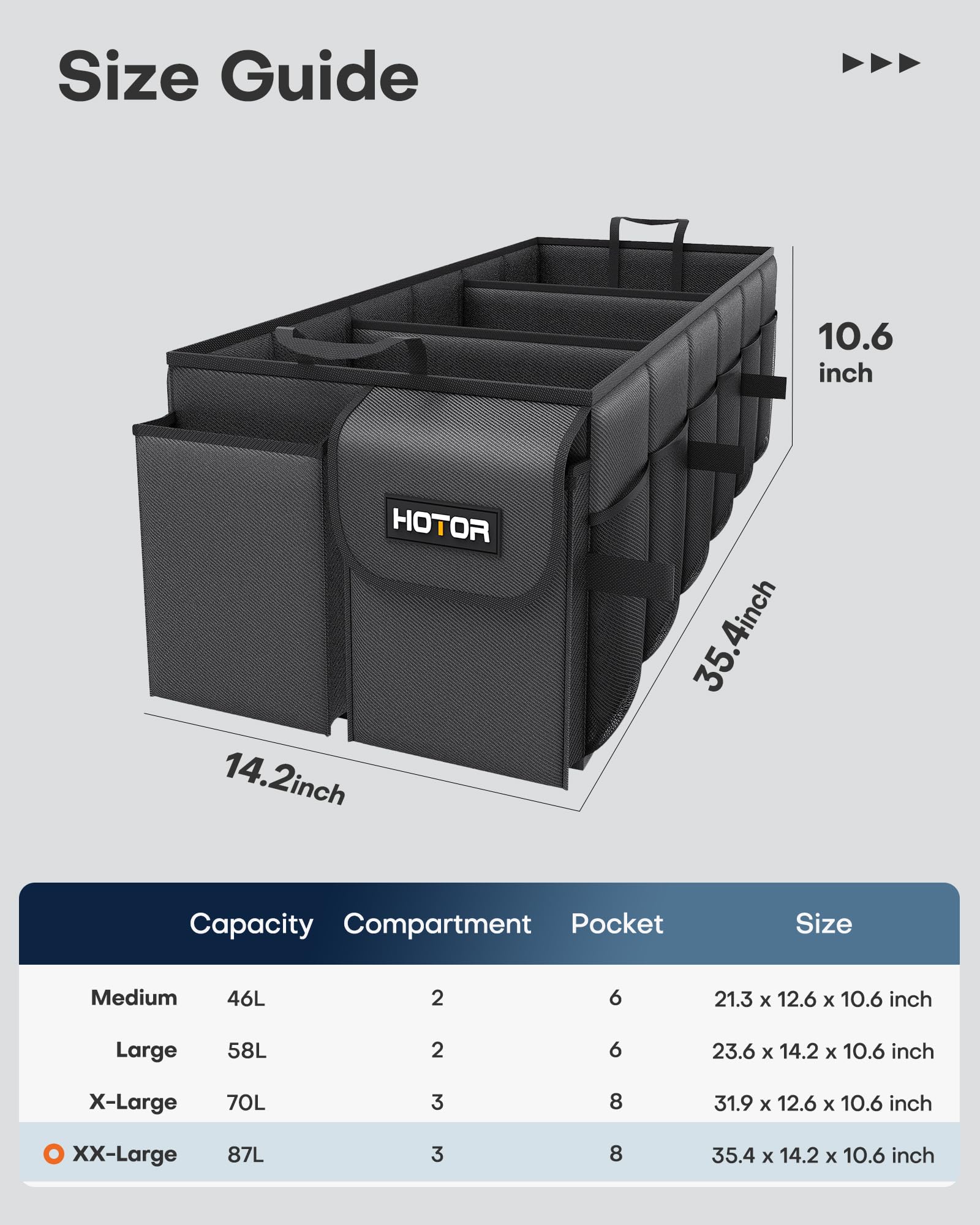 HOTOR Trunk Organizer - Car Organizer, Foldable Trunk organizer for SUVs & Sedans, Sturdy Car Organization for Car Accessories, Tools, Sundries, Black, 2 Compartments, 21.3"×12.6"×10.6"