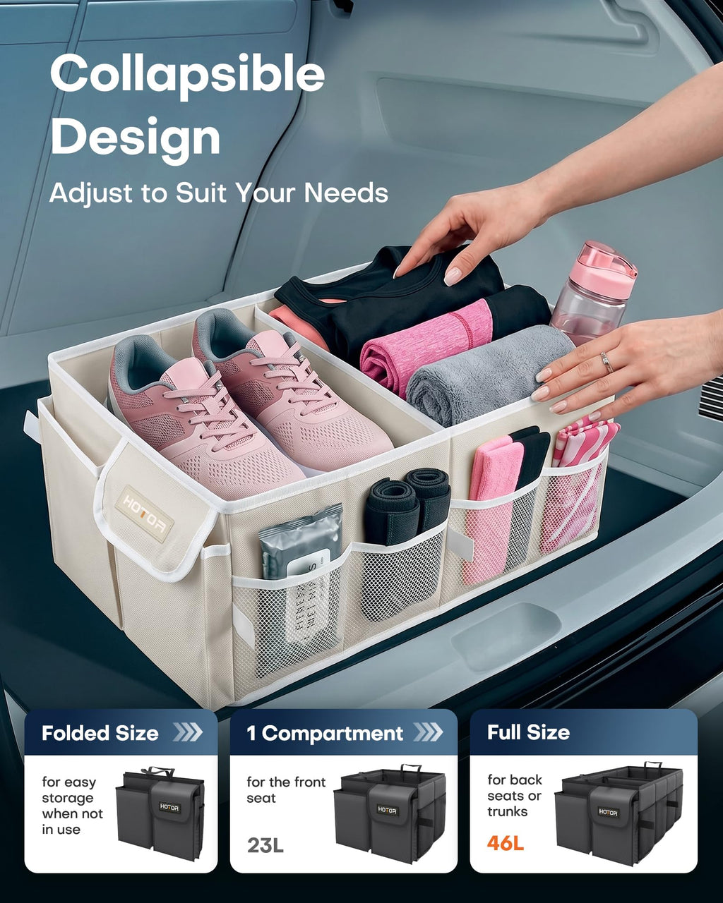 HOTOR Trunk Organizer - Car Organizer, Foldable Trunk organizer for SUVs & Sedans, Sturdy Car Organization for Car Accessories, Tools, Sundries, Black, 2 Compartments, 21.3"×12.6"×10.6"