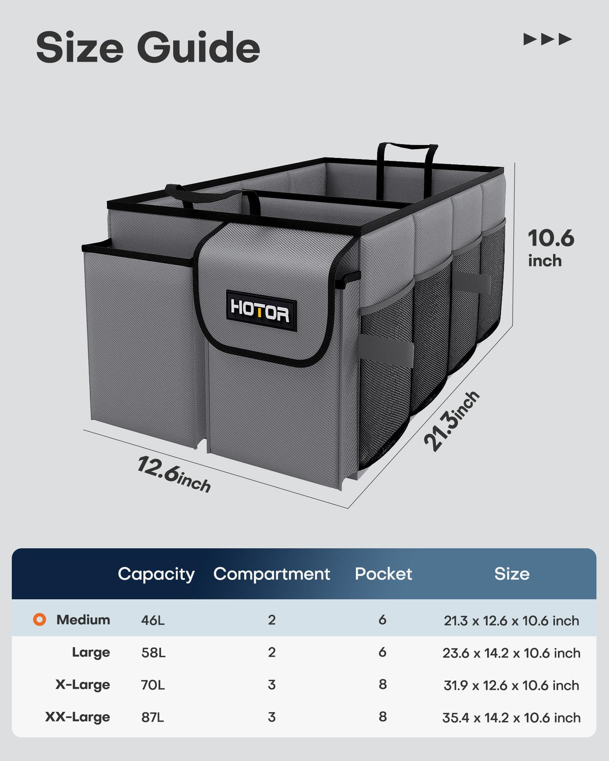 HOTOR Trunk Organizer - Car Organizer, Foldable Trunk organizer for SUVs & Sedans, Sturdy Car Organization for Car Accessories, Tools, Sundries, Black, 2 Compartments, 21.3"×12.6"×10.6"
