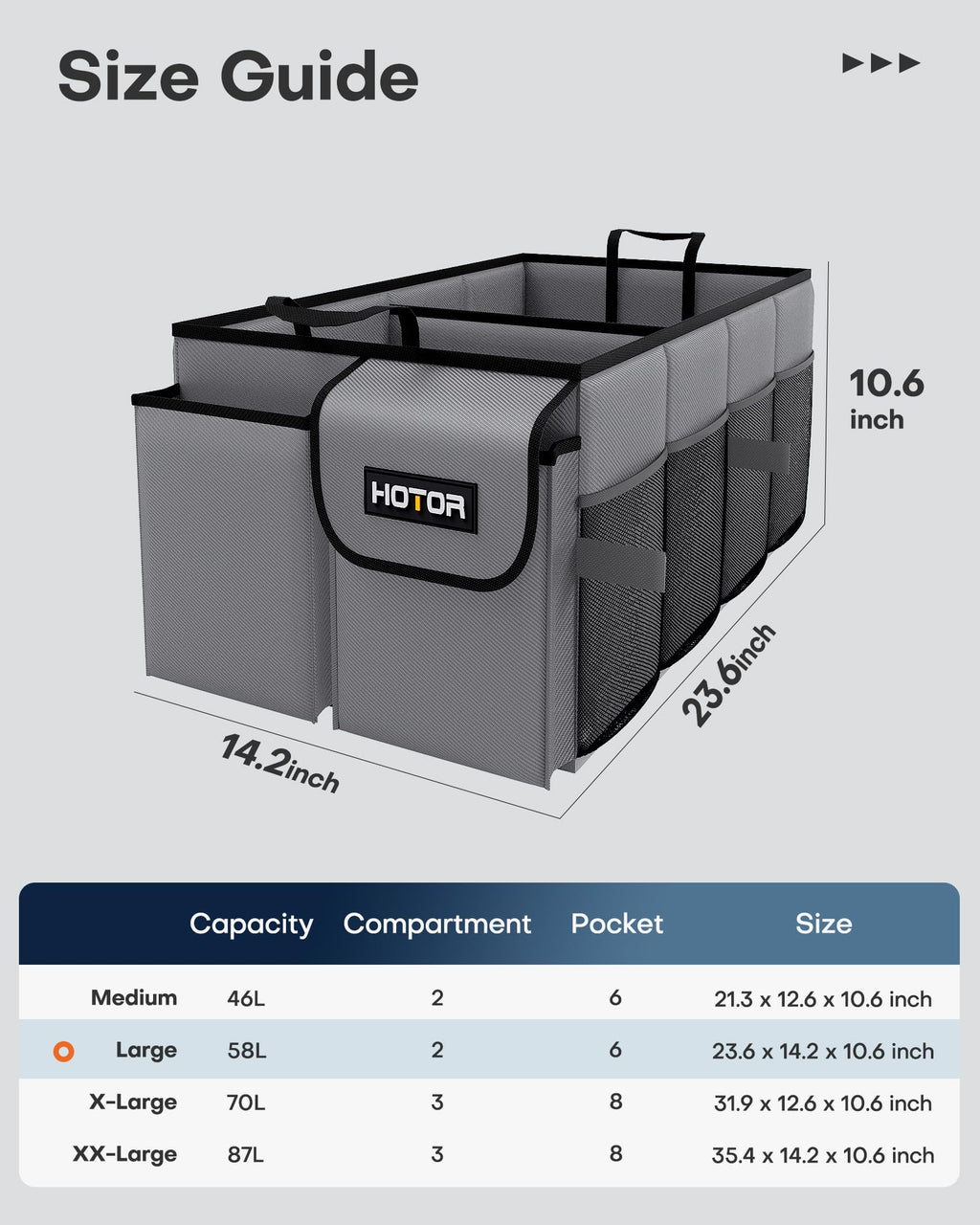 HOTOR Trunk Organizer - Car Organizer, Foldable Trunk organizer for SUVs & Sedans, Sturdy Car Organization for Car Accessories, Tools, Sundries, Black, 2 Compartments, 21.3"×12.6"×10.6"