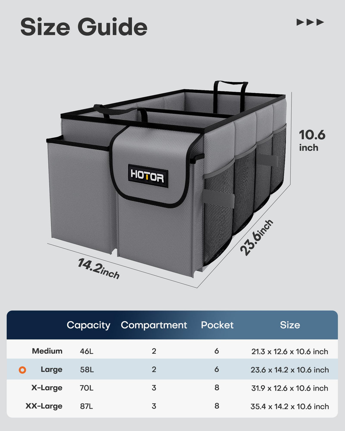 HOTOR Trunk Organizer - Car Organizer, Foldable Trunk organizer for SUVs & Sedans, Sturdy Car Organization for Car Accessories, Tools, Sundries, Black, 2 Compartments, 21.3"×12.6"×10.6"