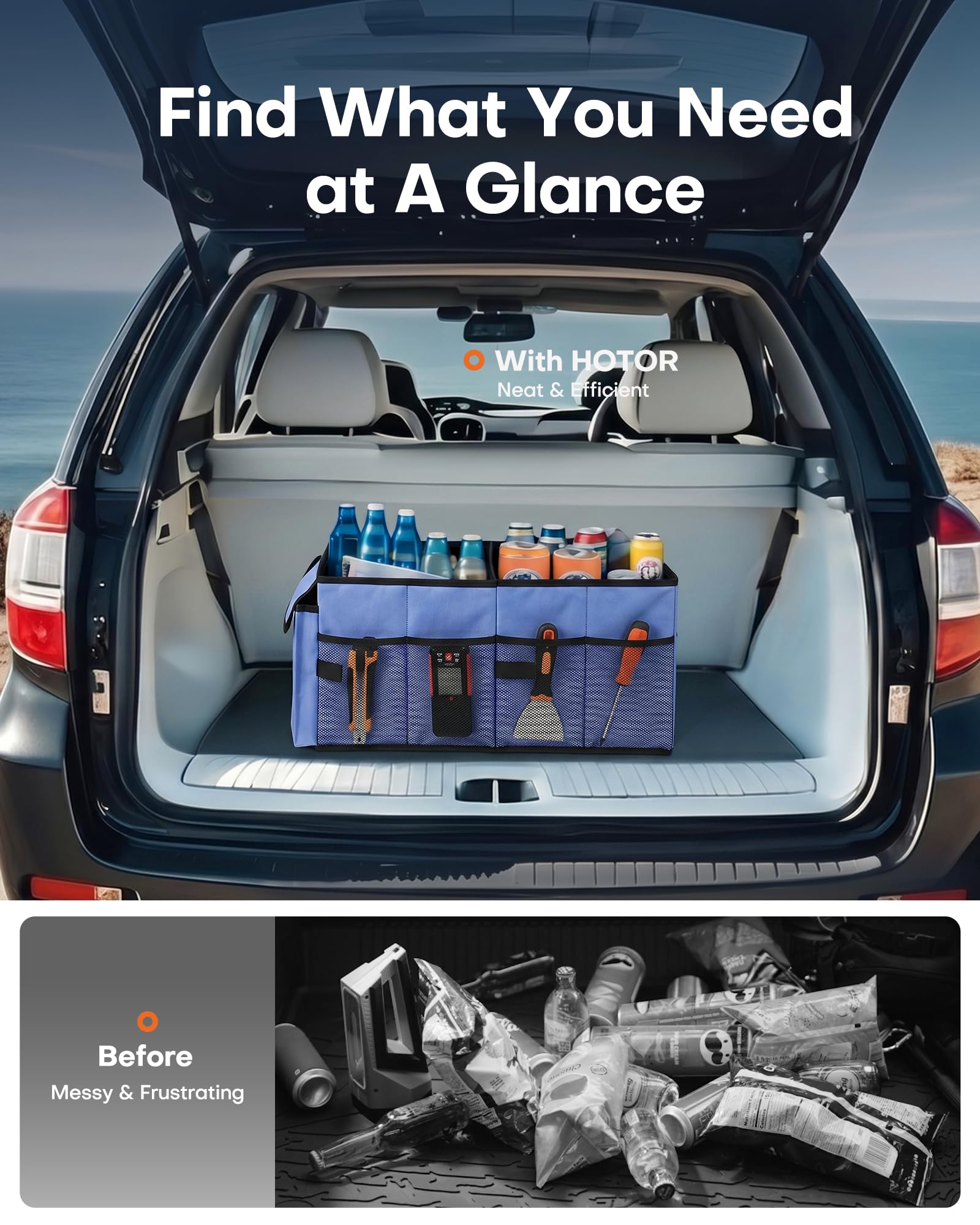 HOTOR Trunk Organizer - Car Organizer, Foldable Trunk organizer for SUVs & Sedans, Sturdy Car Organization for Car Accessories, Tools, Sundries, Black, 2 Compartments, 21.3"×12.6"×10.6"