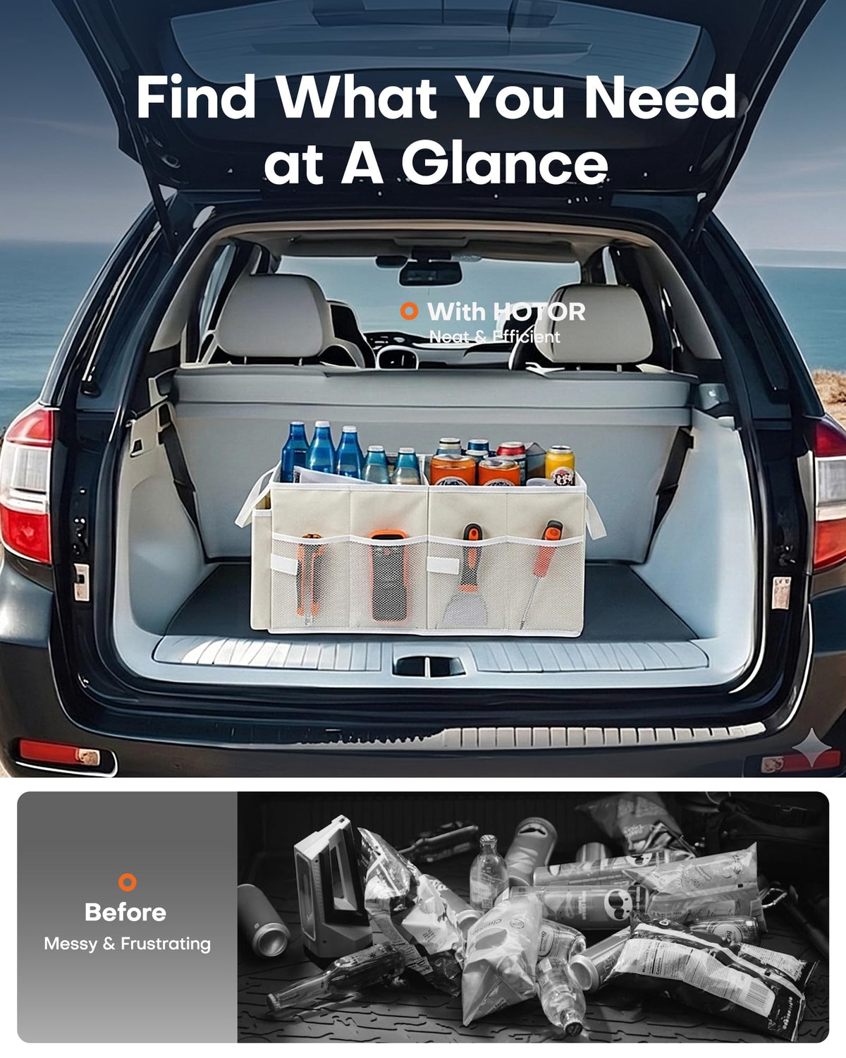 HOTOR Trunk Organizer - Car Organizer, Foldable Trunk organizer for SUVs & Sedans, Sturdy Car Organization for Car Accessories, Tools, Sundries, Black, 2 Compartments, 21.3"×12.6"×10.6"
