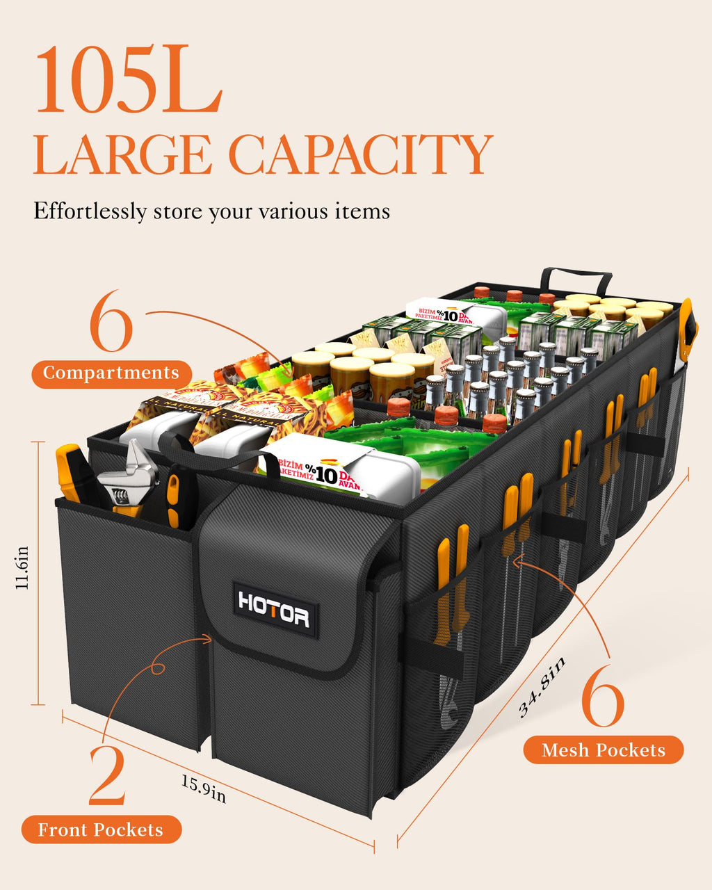 HOTOR Trunk Organizer - Car Organizer, Foldable Trunk organizer for SUVs & Sedans, Sturdy Car Organization for Car Accessories, Tools, Sundries, Black, 2 Compartments, 21.3"×12.6"×10.6"