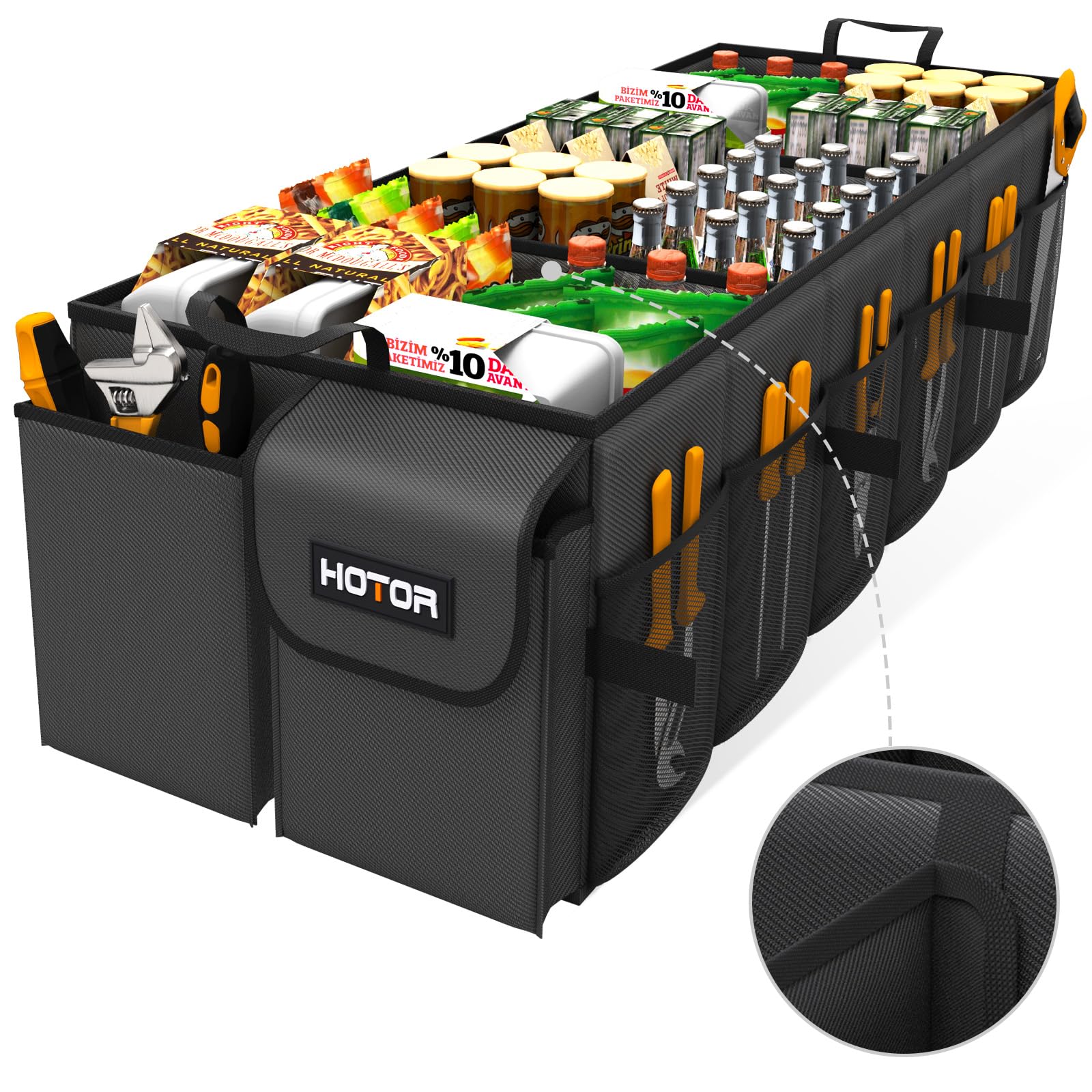 HOTOR Trunk Organizer - Car Organizer, Foldable Trunk organizer for SUVs & Sedans, Sturdy Car Organization for Car Accessories, Tools, Sundries, Black, 2 Compartments, 21.3"×12.6"×10.6"