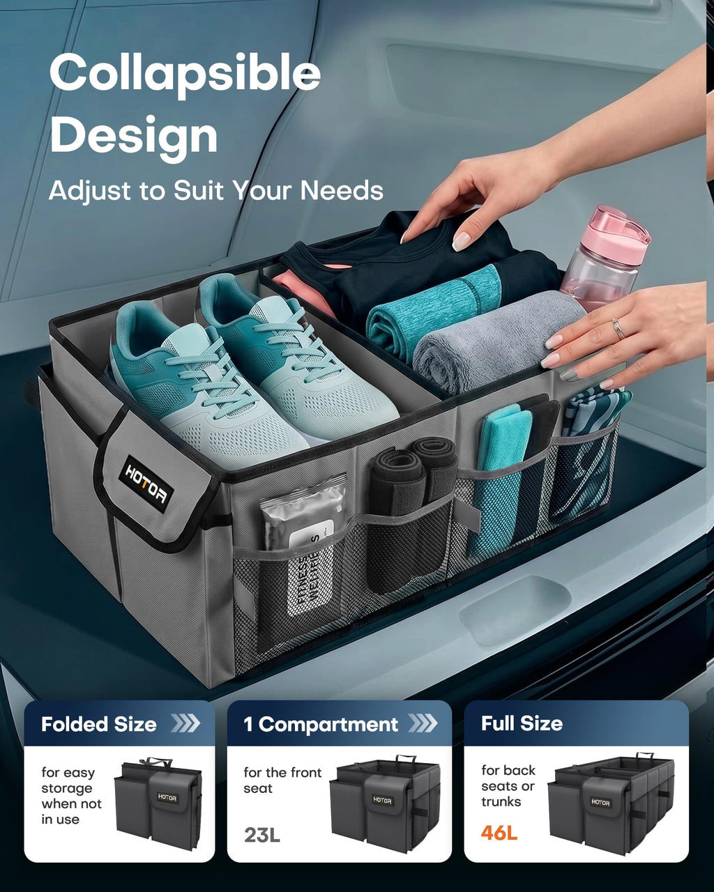 HOTOR Trunk Organizer - Car Organizer, Foldable Trunk organizer for SUVs & Sedans, Sturdy Car Organization for Car Accessories, Tools, Sundries, Black, 2 Compartments, 21.3"×12.6"×10.6"