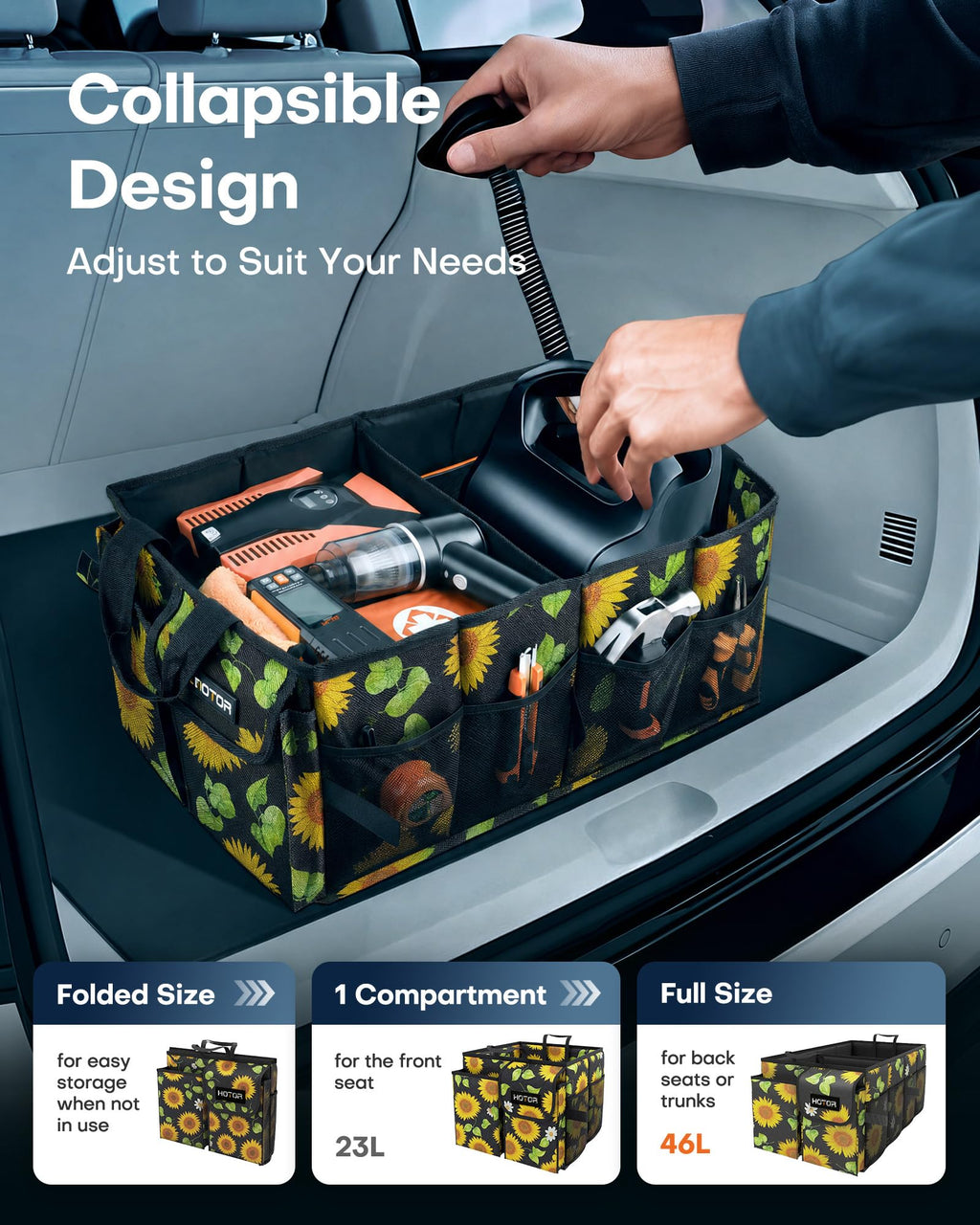HOTOR Trunk Organizer - Car Organizer, Foldable Trunk organizer for SUVs & Sedans, Sturdy Car Organization for Car Accessories, Tools, Sundries, Black, 2 Compartments, 21.3"×12.6"×10.6"