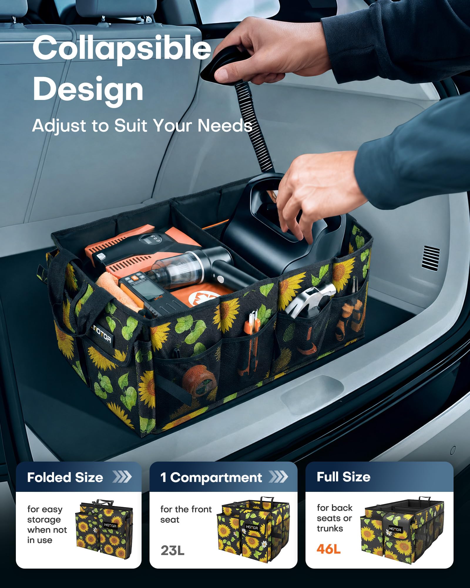 HOTOR Trunk Organizer - Car Organizer, Foldable Trunk organizer for SUVs & Sedans, Sturdy Car Organization for Car Accessories, Tools, Sundries, Black, 2 Compartments, 21.3"×12.6"×10.6"