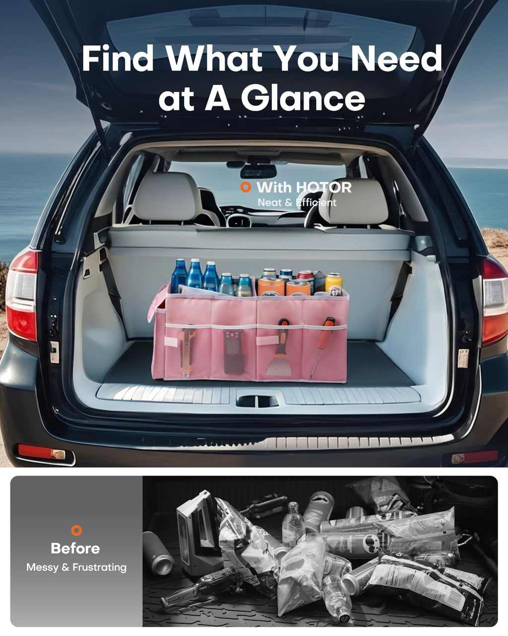 HOTOR Trunk Organizer - Car Organizer, Foldable Trunk organizer for SUVs & Sedans, Sturdy Car Organization for Car Accessories, Tools, Sundries, Black, 2 Compartments, 21.3"×12.6"×10.6"