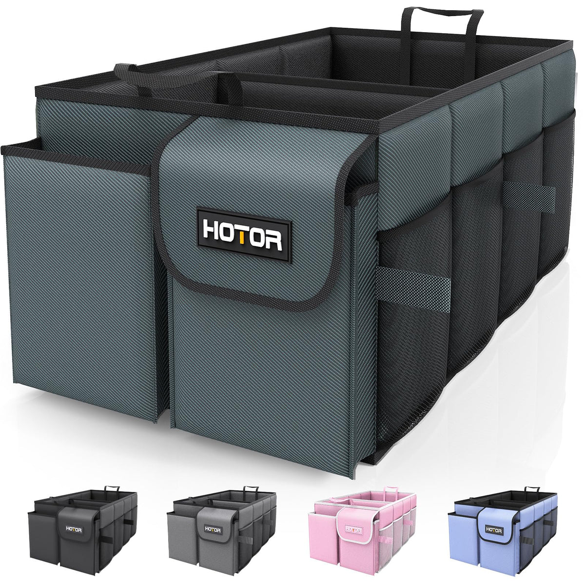 HOTOR Trunk Organizer - Car Organizer, Foldable Trunk organizer for SUVs & Sedans, Sturdy Car Organization for Car Accessories, Tools, Sundries, Black, 2 Compartments, 21.3"×12.6"×10.6"