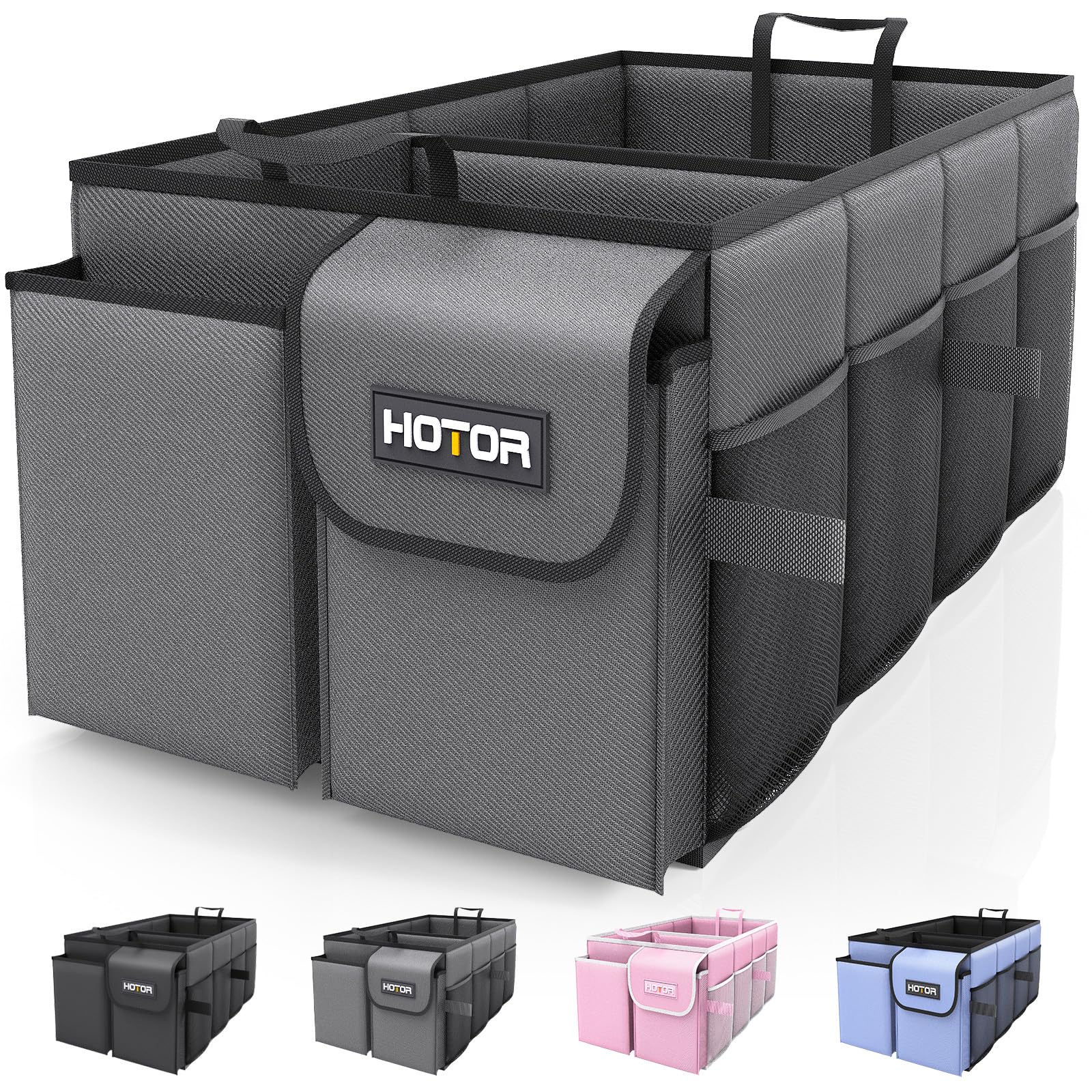 HOTOR Trunk Organizer - Car Organizer, Foldable Trunk organizer for SUVs & Sedans, Sturdy Car Organization for Car Accessories, Tools, Sundries, Black, 2 Compartments, 21.3"×12.6"×10.6"